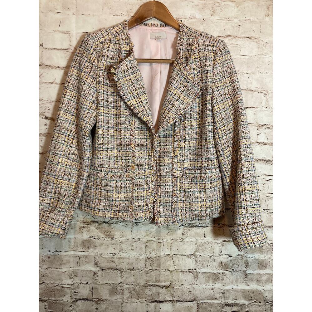 LOFT Tweed Blazer Jacket Womens 6 Powder Pink Fringe Trim Open Front Soft Girl